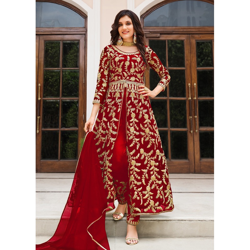 Lovely Bright Red Designer Front Slit Anarkali Dress