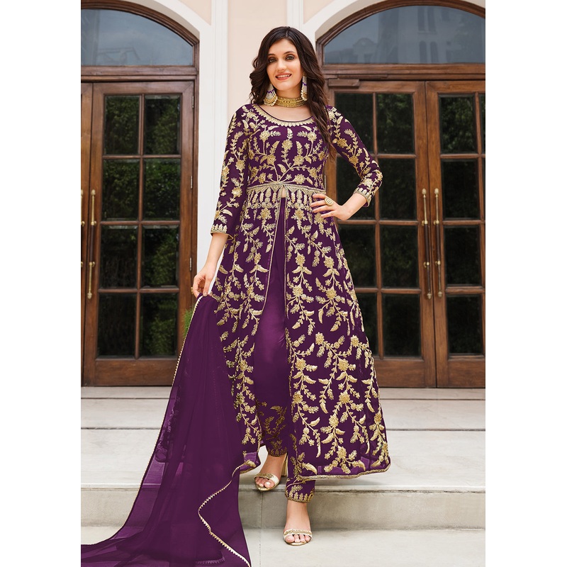 Lovely Plum Purple Designer Front Slit Anarkali Dress