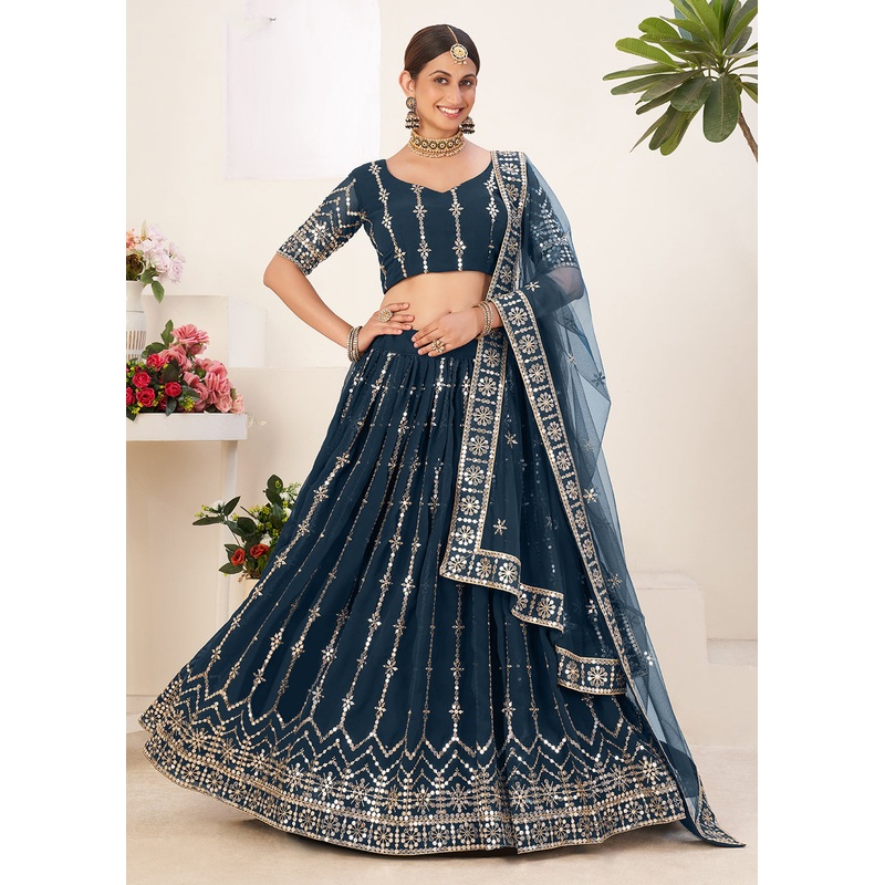 Loyal Blue Bordered Sequins Sangeet Wear Lehenga Choli