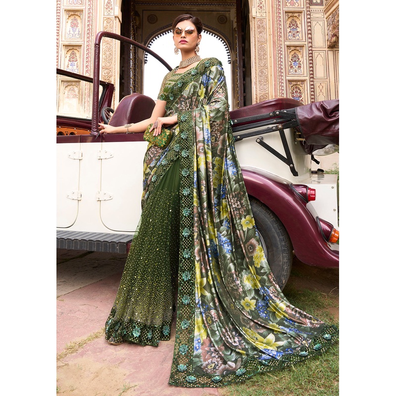 Mahendi Green Applique Net Designer Bridal Party Wear Saree