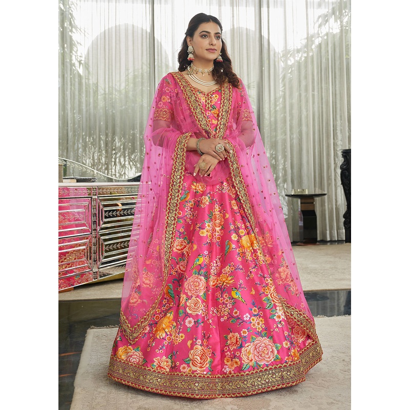 Marvelous Deep Pink Art Silk Floral Printed Lehenga Choli