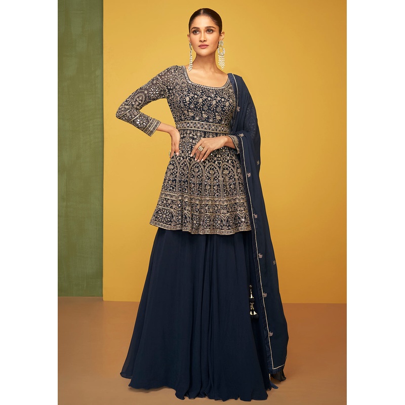 Midnight Blue Georgette Fabric Skirt Style Designer Palazzo Suit