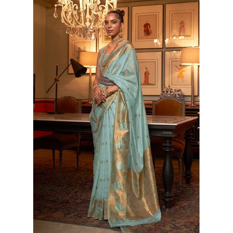 Morning Blue Blended Woven Zari Organza Silk Saree