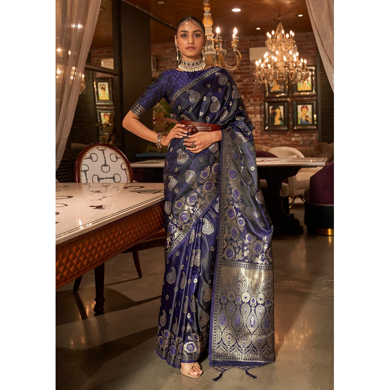 Mulled Wine Blue Fascinating Zari Weaving Banarasi Silk Saree