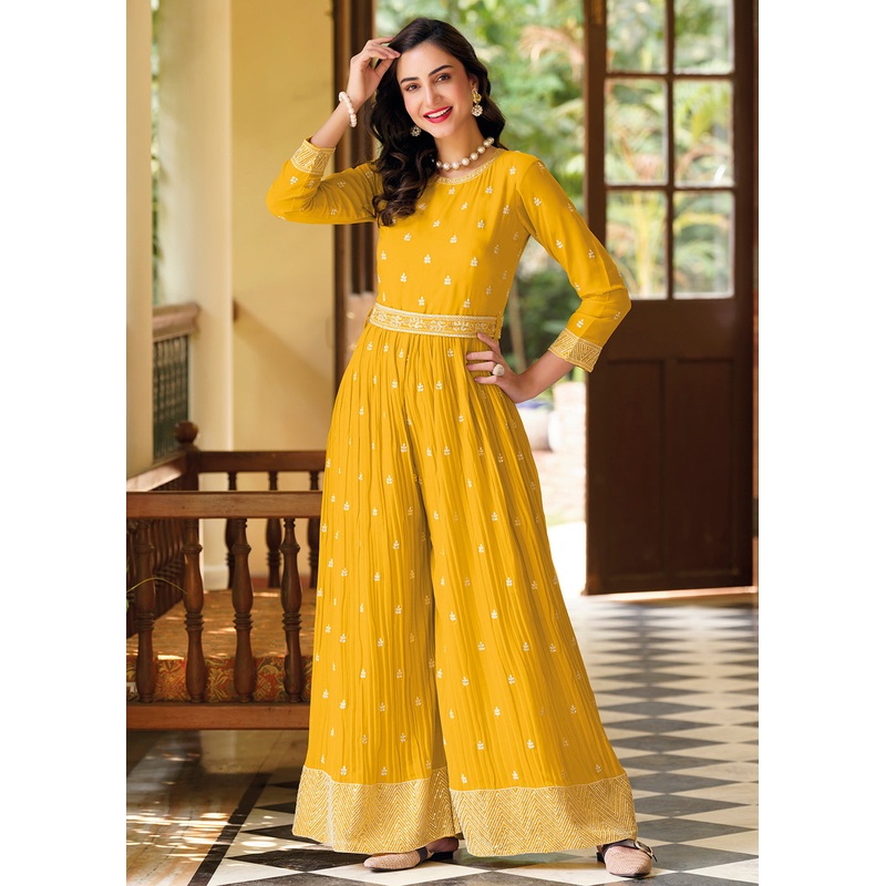 Mustard Yellow Indo-Western Embroidered Georgette Jumpsuit