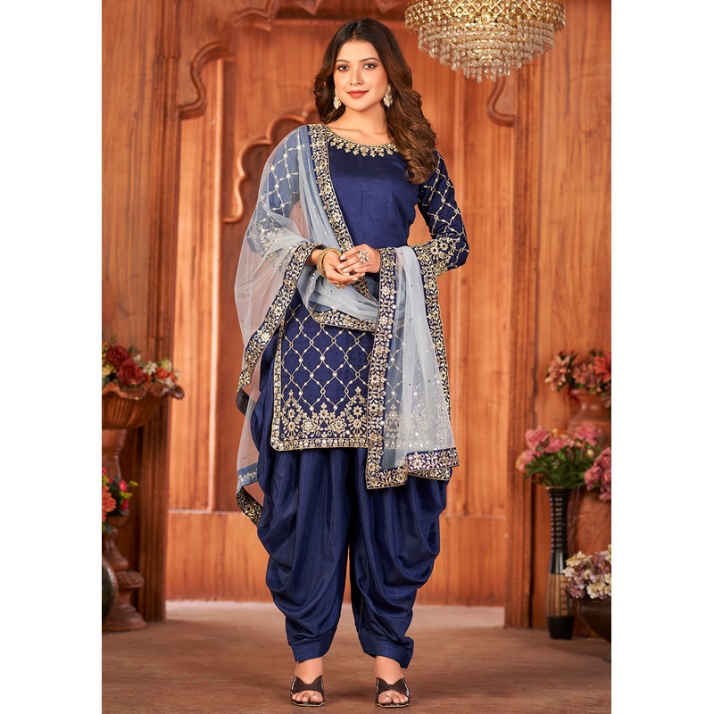 Navy Blue Glass Work Art Silk Patiala Salwar Suit