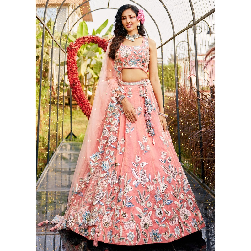 Orange Bridal Net Embroidered Reception Lehenga Choli