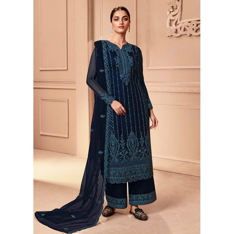 Pant Style Midnight Blue Embroidered Wedding Salwar Suit