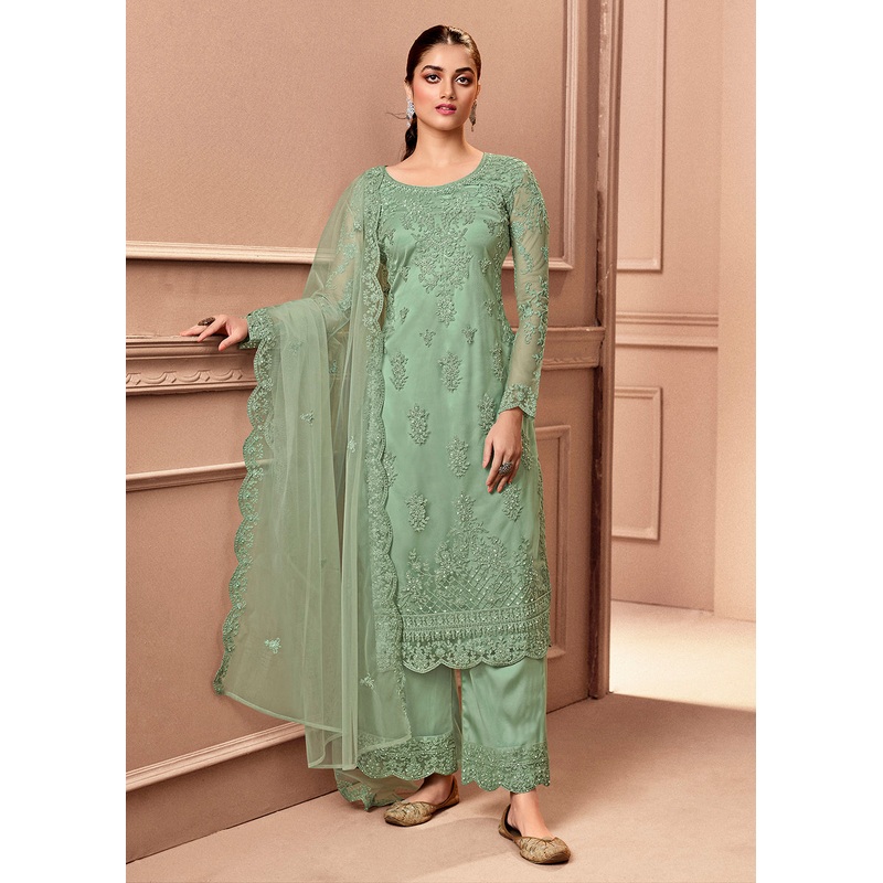 Pant Style Mint Green Embroidered Wedding Salwar Suit
