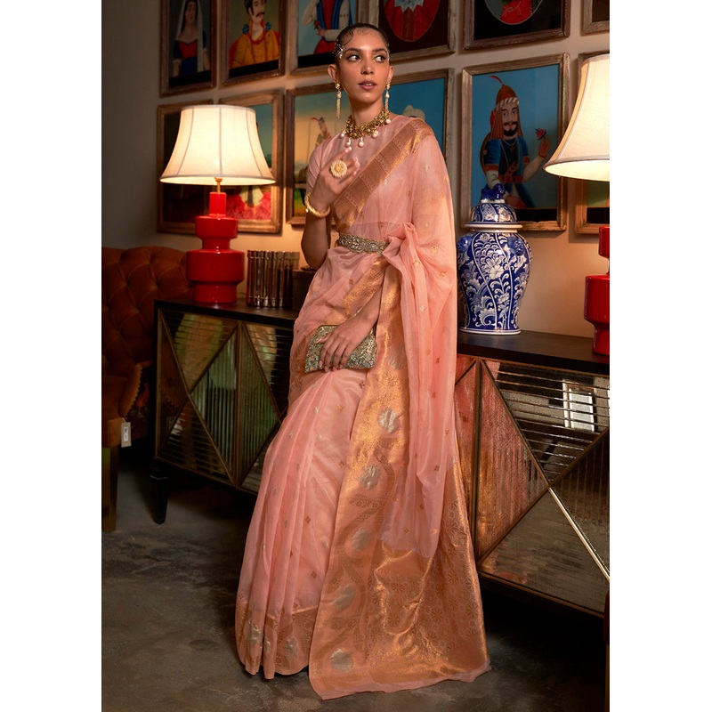 Party Peach Blended Woven Zari Organza Silk Saree