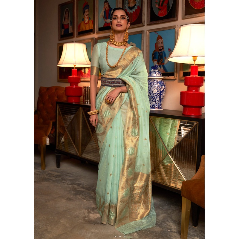 Pastel Green Blended Woven Zari Organza Silk Saree