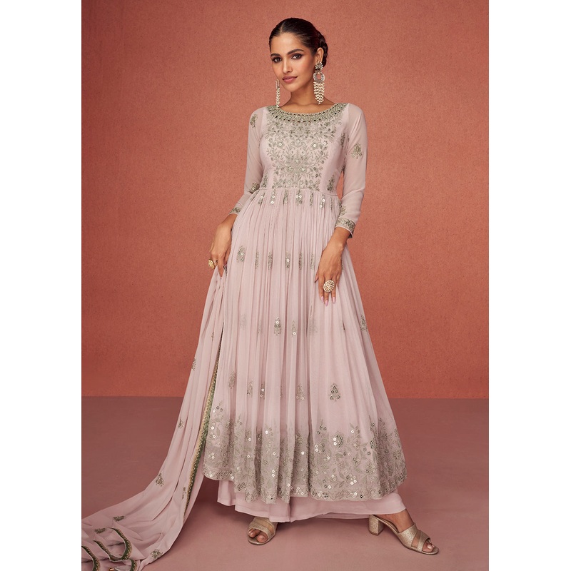 Pastel Mauve Anarkali Style Embroidered Palazzo Style Suit