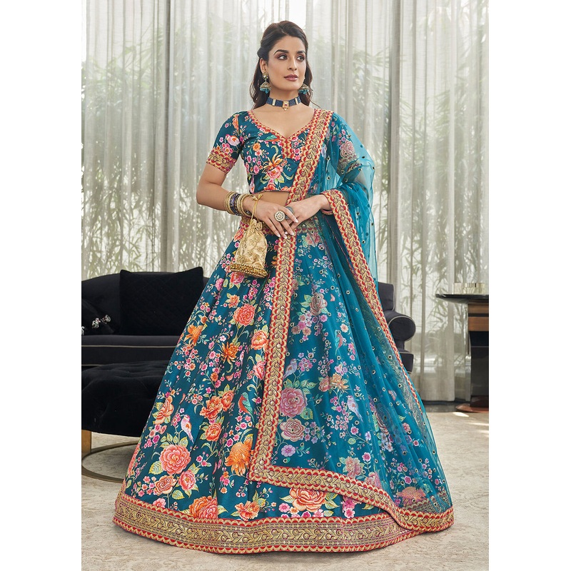 Phenomenal Teal Blue Art Silk Floral Printed Lehenga Choli