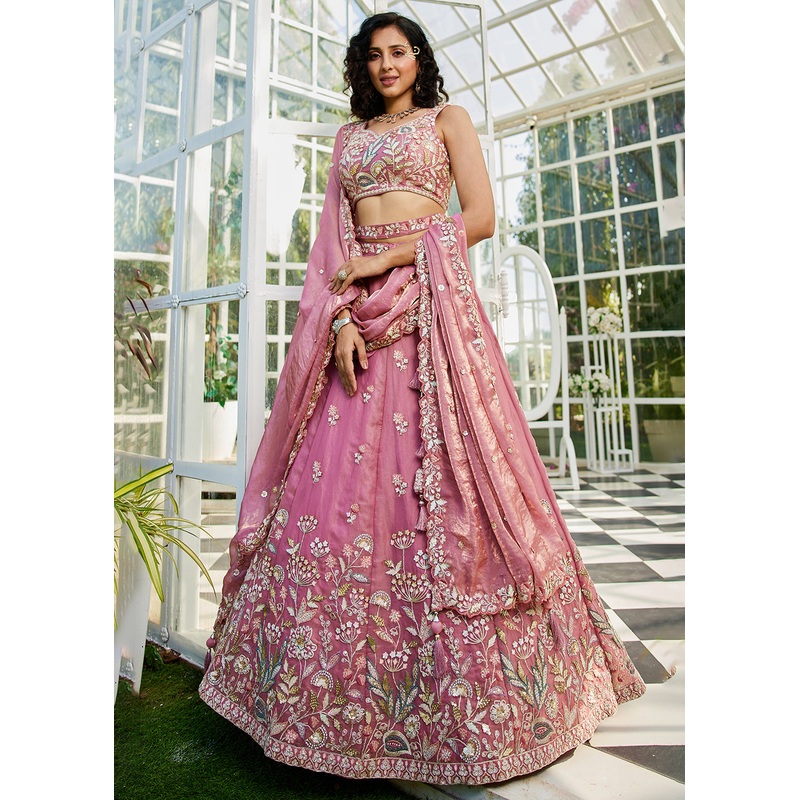 Pink Tissue Fabric Beautifully Embroidered Lehenga Choli