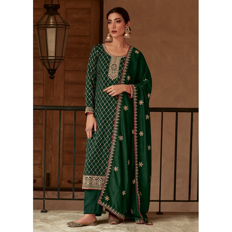 Premium Silk Green & Gold Embroidered Indian Salwar Kameez