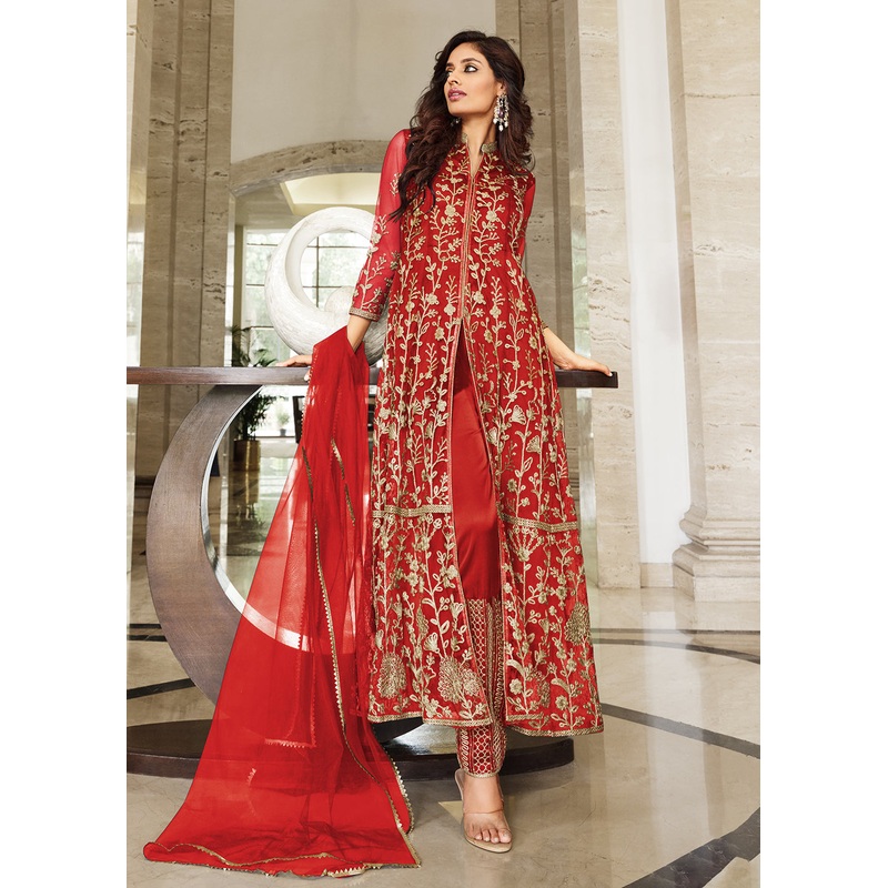 Pretty Cherry Red Designer Front Slit Anarkali Dress
