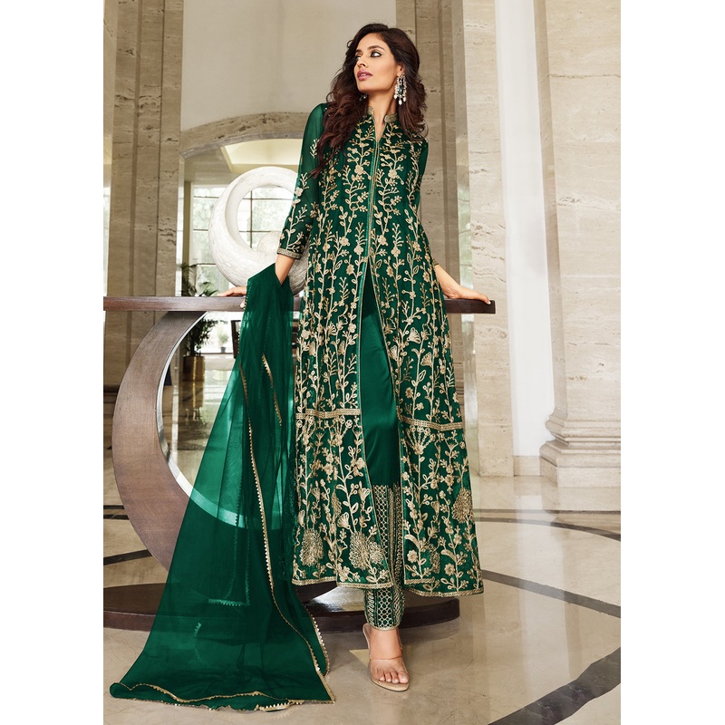 Pretty Dark Green Designer Front Slit Anarkali Dress