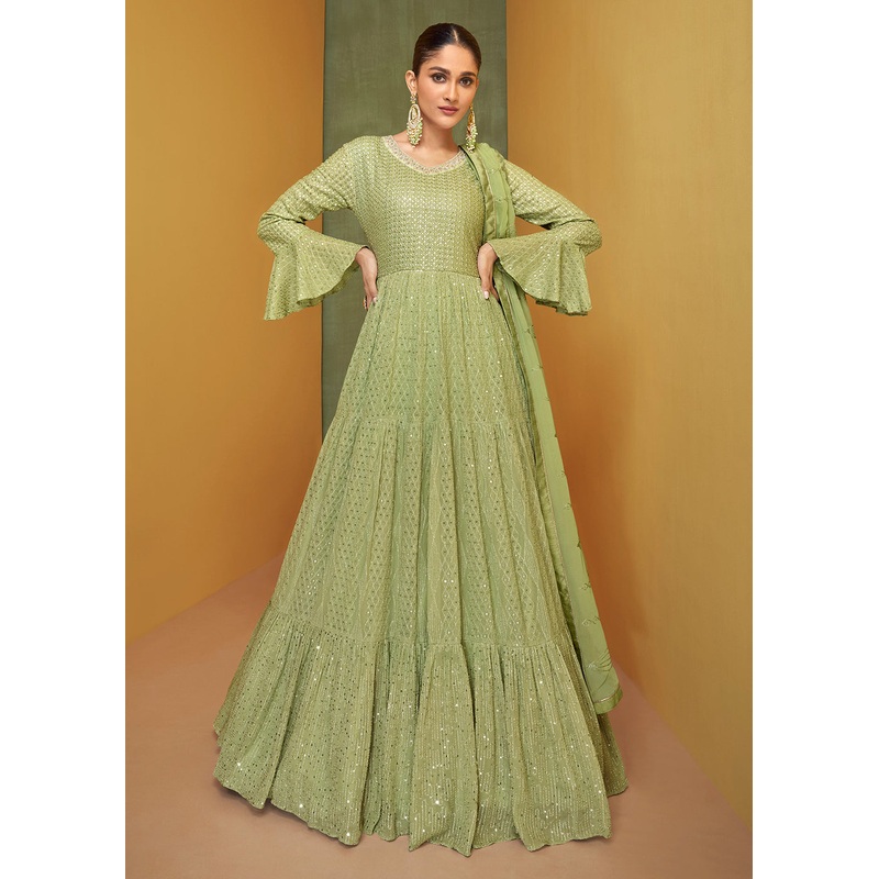 Pretty Pastel Green Wedding Embroidered Bridal Anarkali Gown