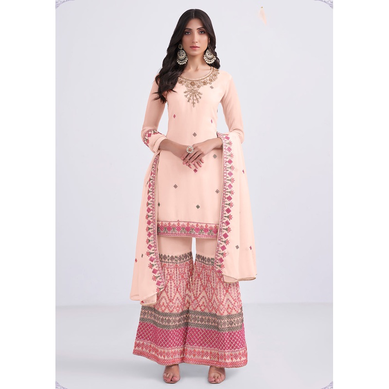 Pretty Peach Sequins & Multi Thread Work Designer Sharara Suit