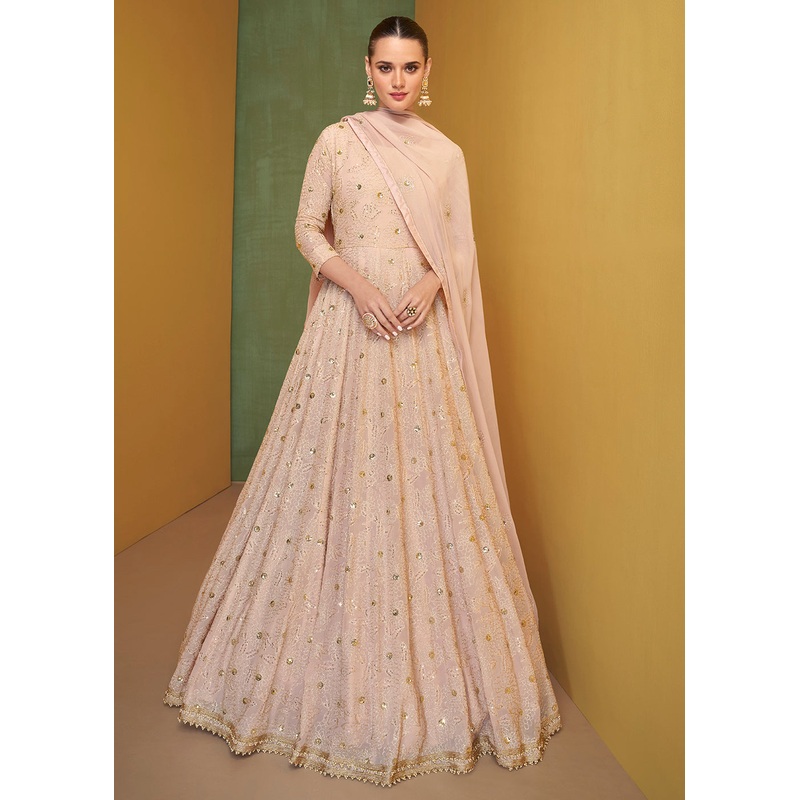 Pretty Peachy Pink Wedding Embroidered Bridal Anarkali Gown