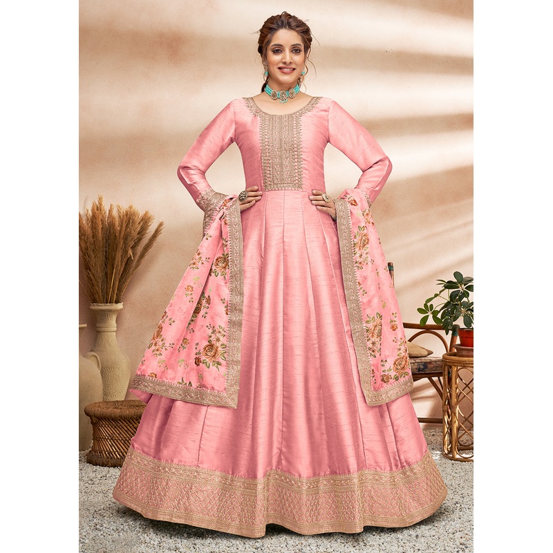 Pretty Pink Art Silk Embellished Wedding & Party Wear Anarkali