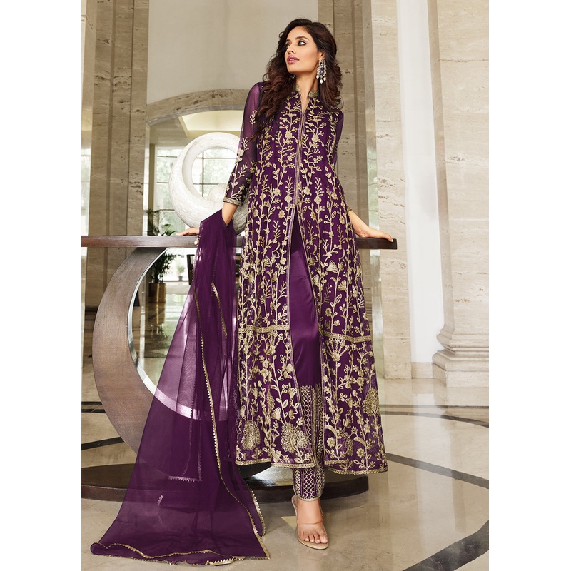 Pretty Plum Purple Designer Front Slit Anarkali Dress