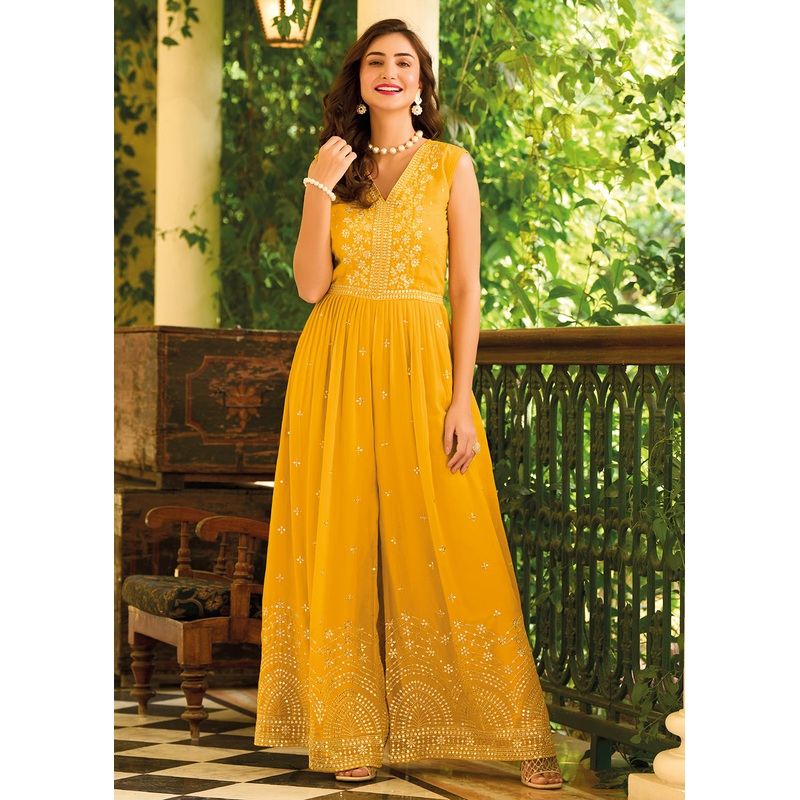 Pretty Yellow Indo-Western Embroidered Georgette Jumpsuit