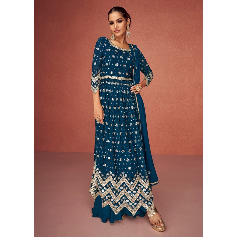 Prussian Blue Anarkali Style Embroidered Palazzo Style Suit