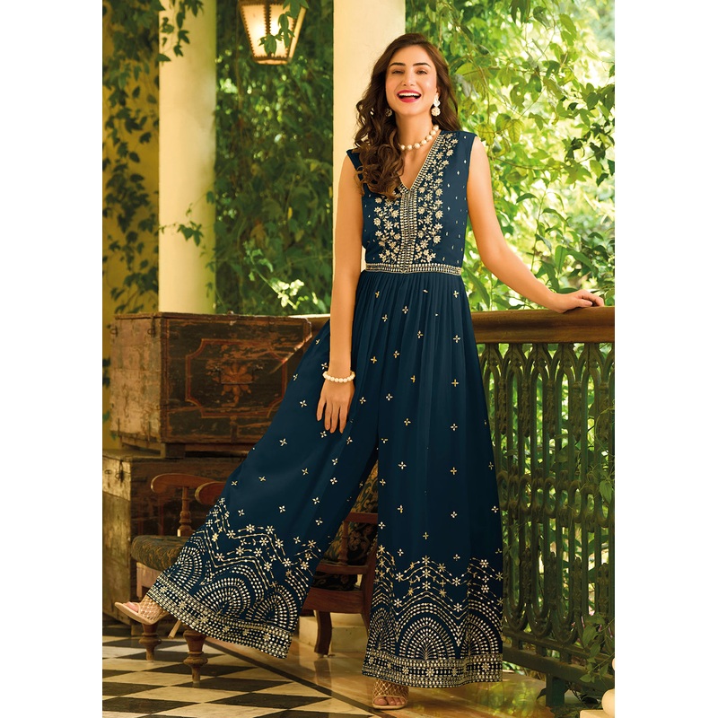 Prussian Blue Indo-Western Embroidered Georgette Jumpsuit