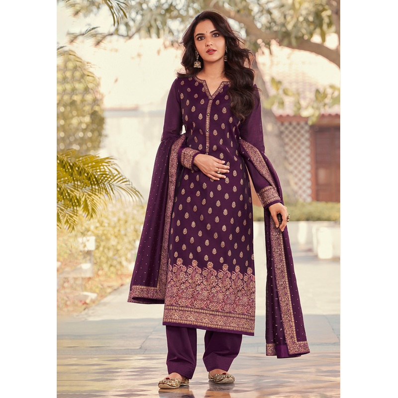 Purple Jacquard Embordered Festive Pant Salwar Suit