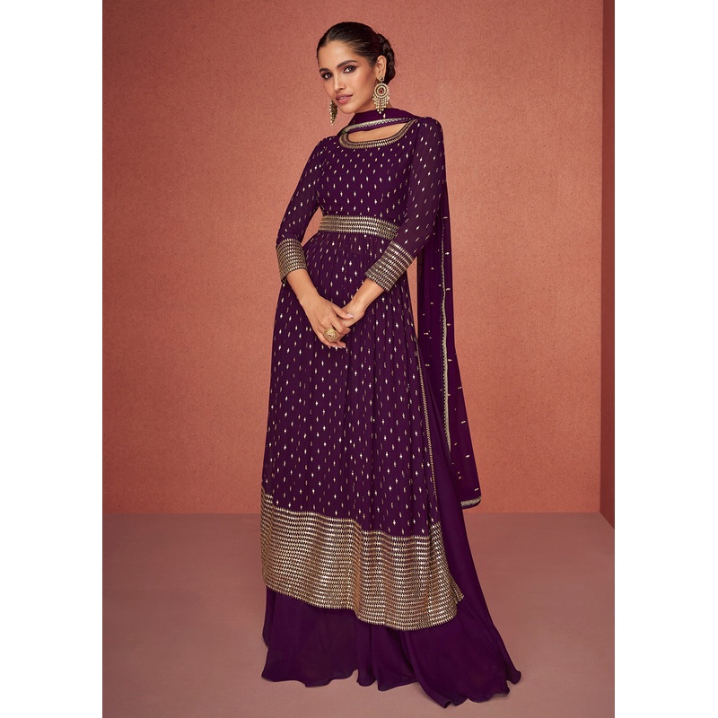 Raisin Purple Anarkali Style Embroidered Palazzo Style Suit