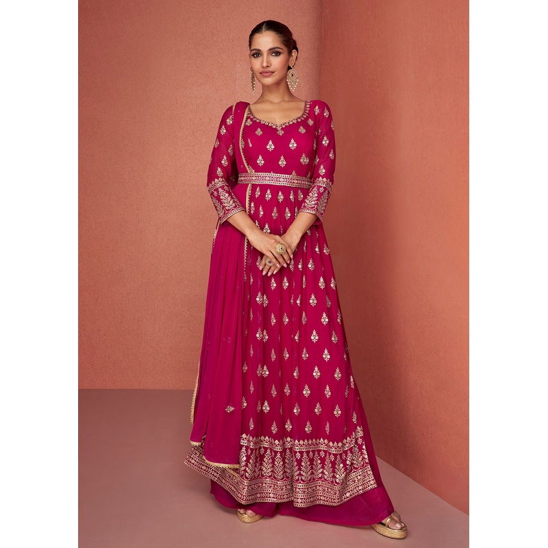 Rani Pink Anarkali Style Embroidered Palazzo Style Suit