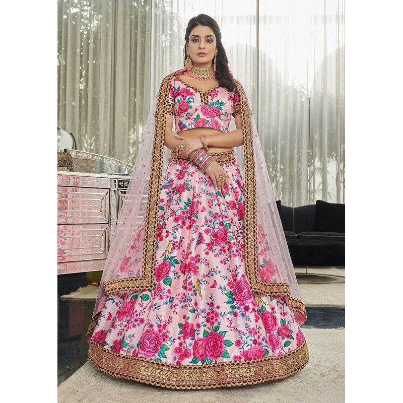 Ravishing Light Pink Art Silk Floral Printed Lehenga Choli