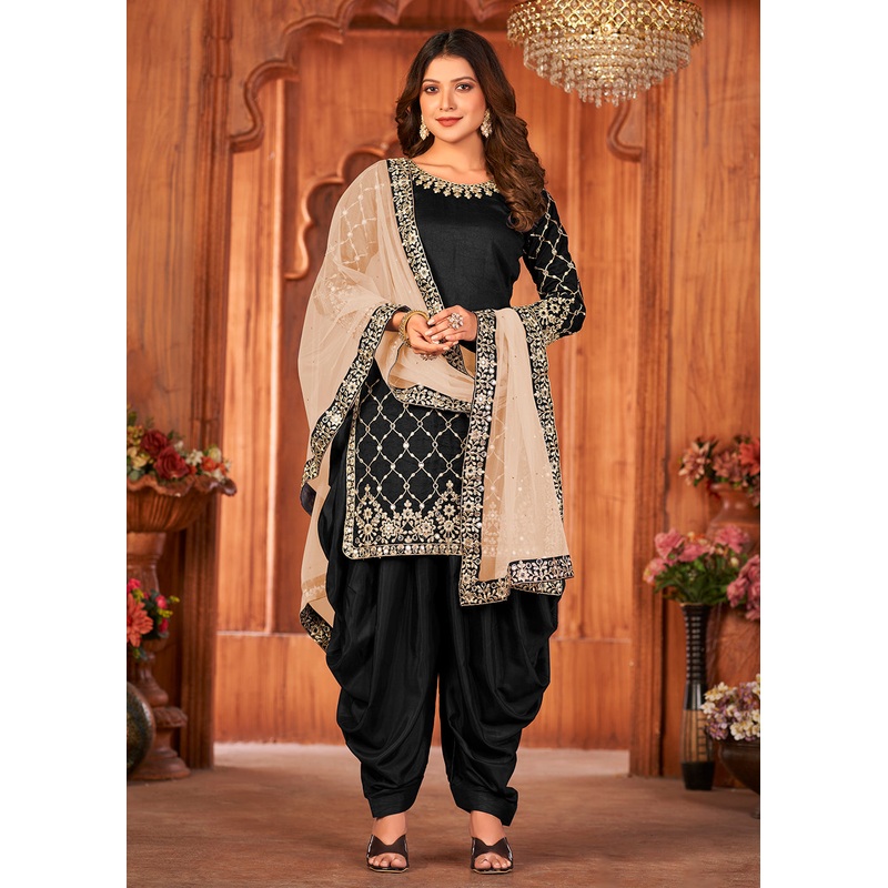 Royal Black Glass Work Art Silk Patiala Salwar Suit