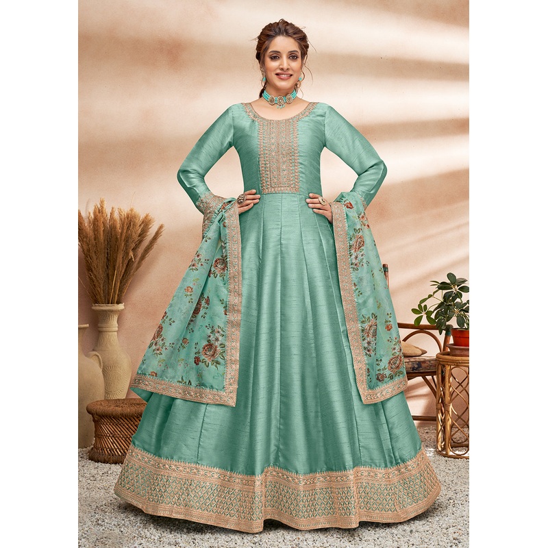 Sea Green Art Silk Embellished Wedding & Party Wear Anarkali