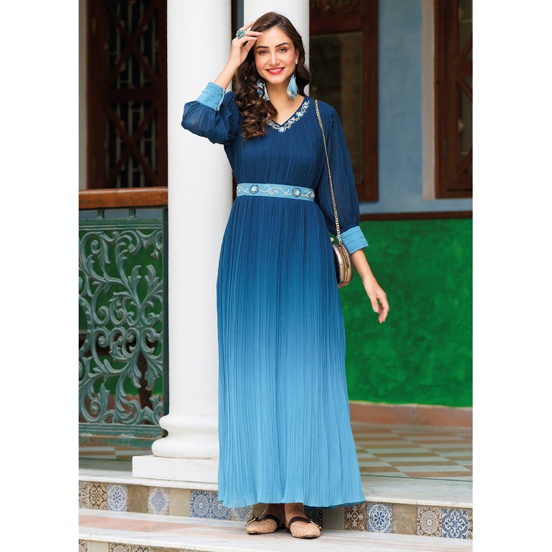 Shaded Blue Ombre Crushed Khatli Work Georgette Gown