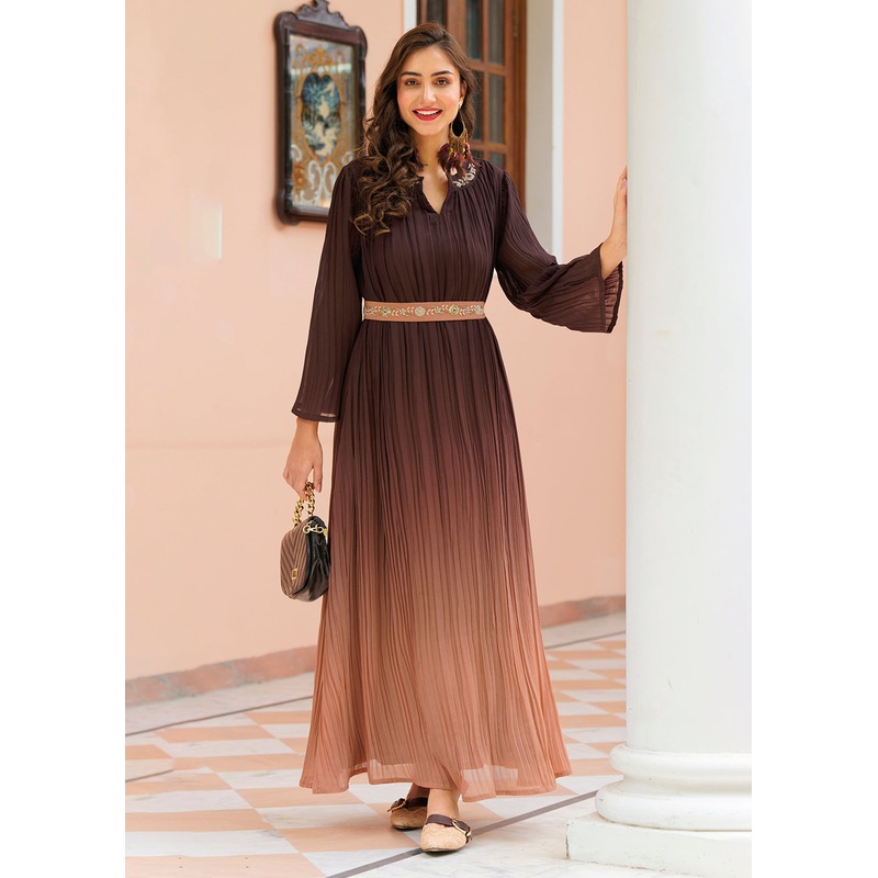 Shaded Brown Ombre Crushed Khatli Work Georgette Gown