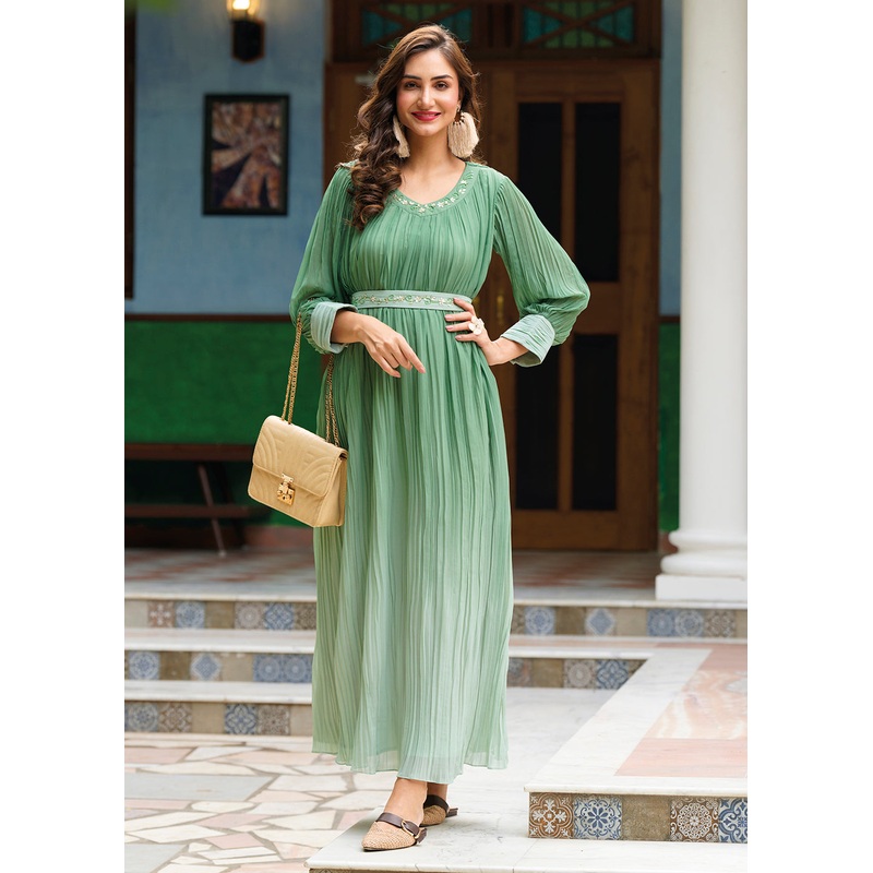 Shaded Green Ombre Crushed Khatli Work Georgette Gown