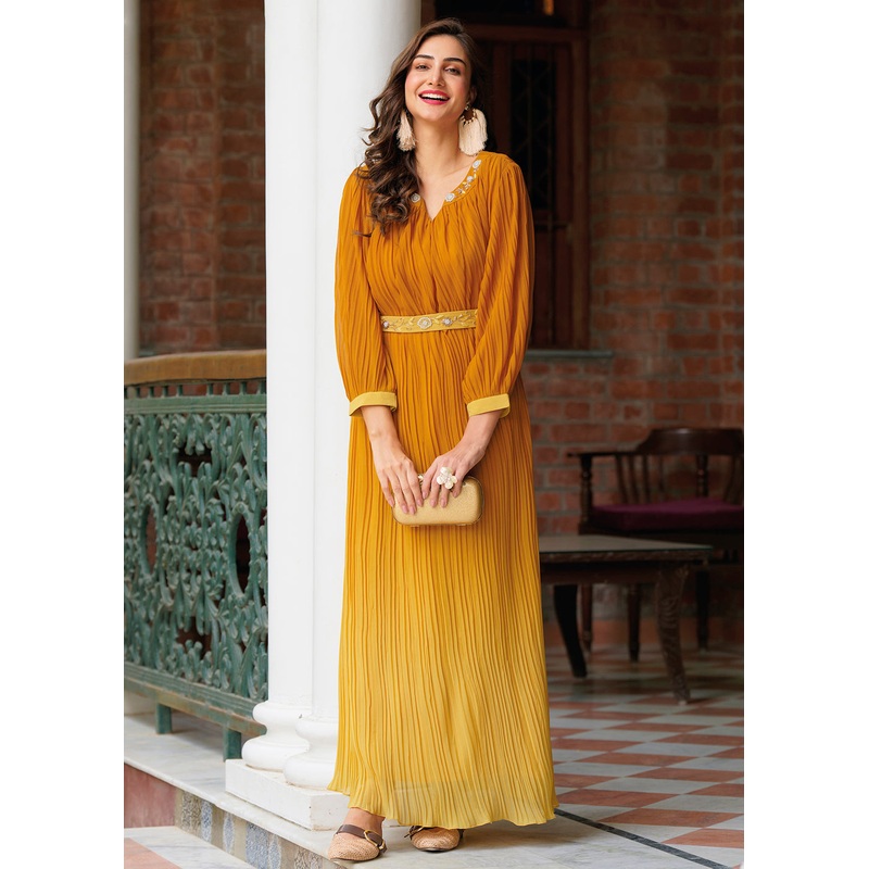 Shaded Yellow Ombre Crushed Khatli Work Georgette Gown