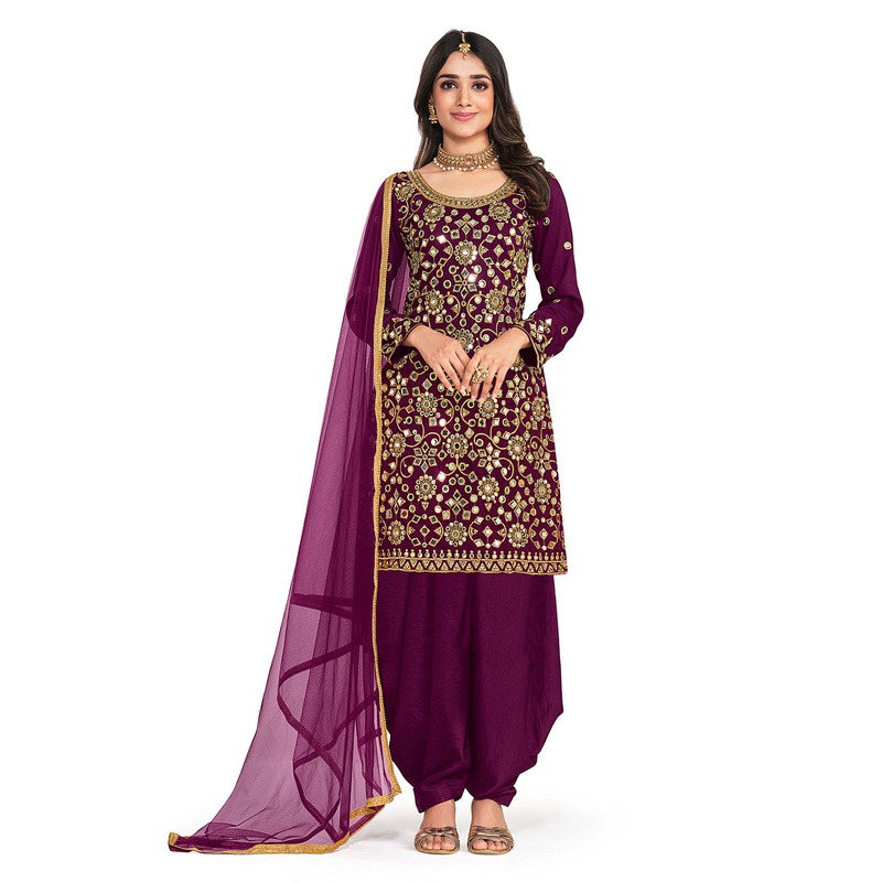 Silk Pretty Purple Mirror Work Patiala Salwar Kameez