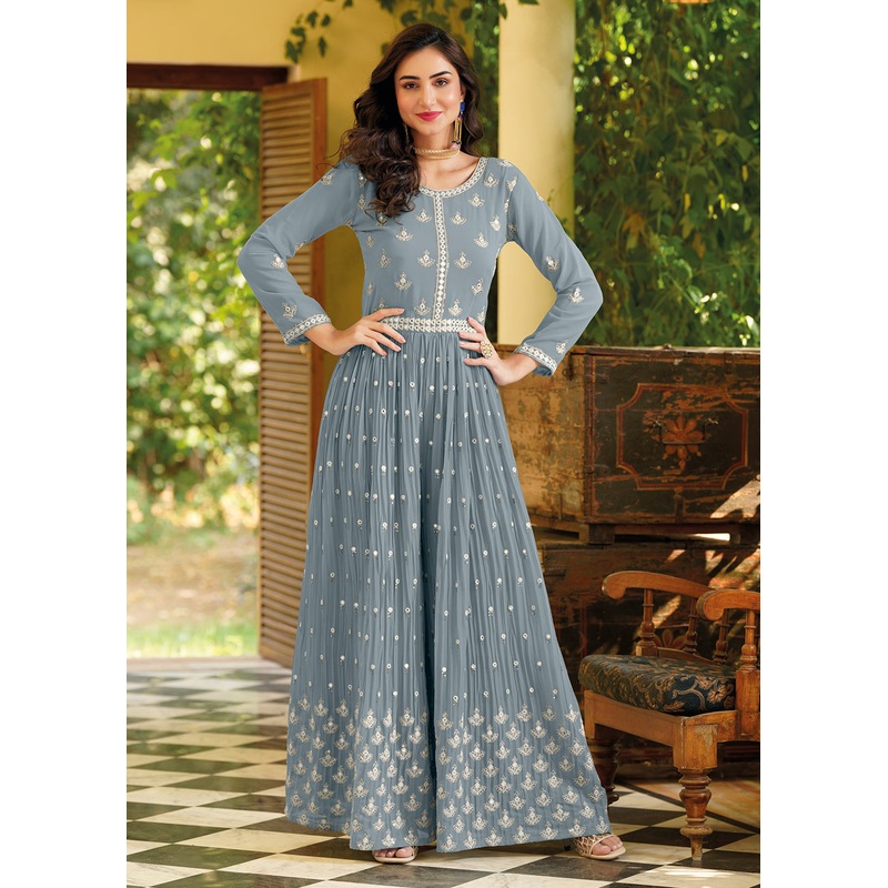 Soft Blue Indo-Western Embroidered Georgette Jumpsuit