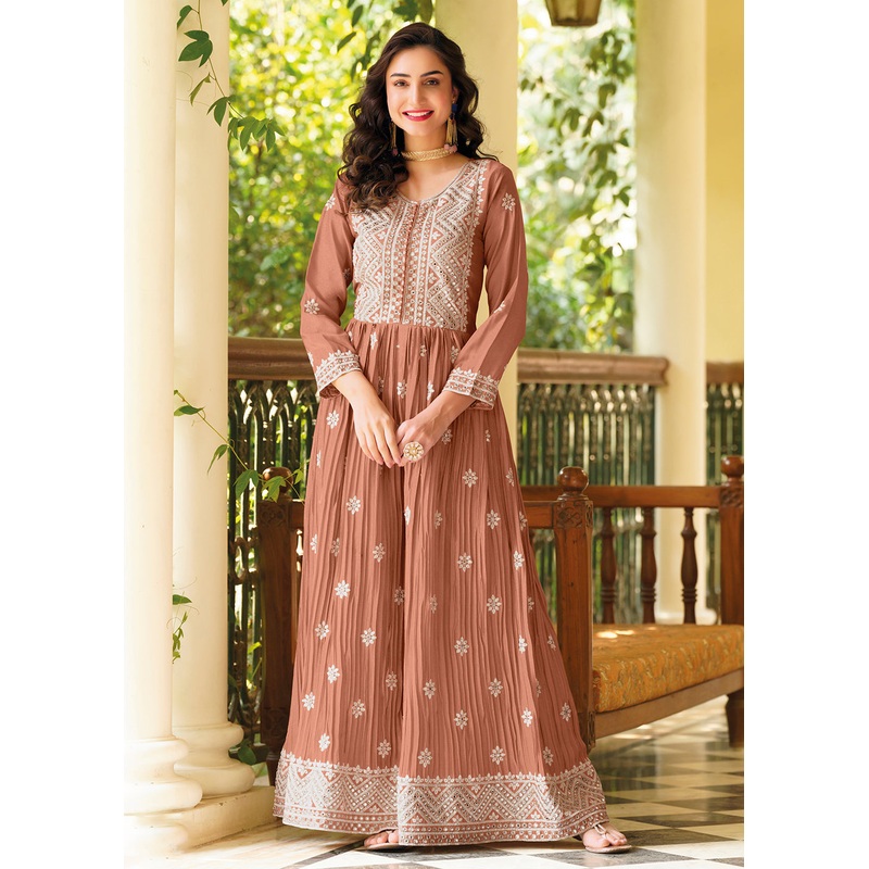 Soft Brown Indo-Western Embroidered Chinon Jumpsuit