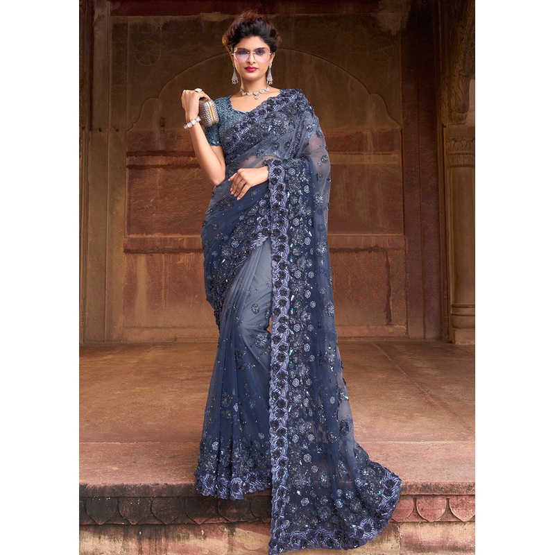 Stunning Grey Applique Net Designer Bridal Party Wear Saree