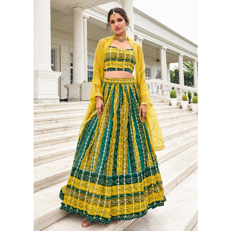 Superb Green & Yellow Bandhani Printed Wedding Lehenga Choli
