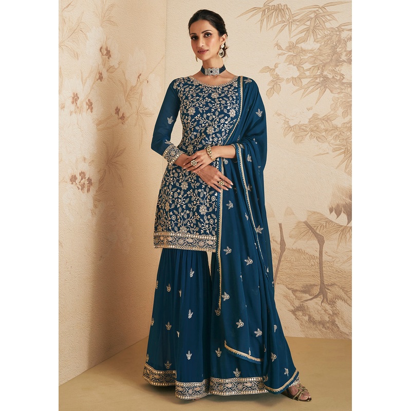 Teal Blue Thread & Sequins Embroidered Designer Gharara Suit