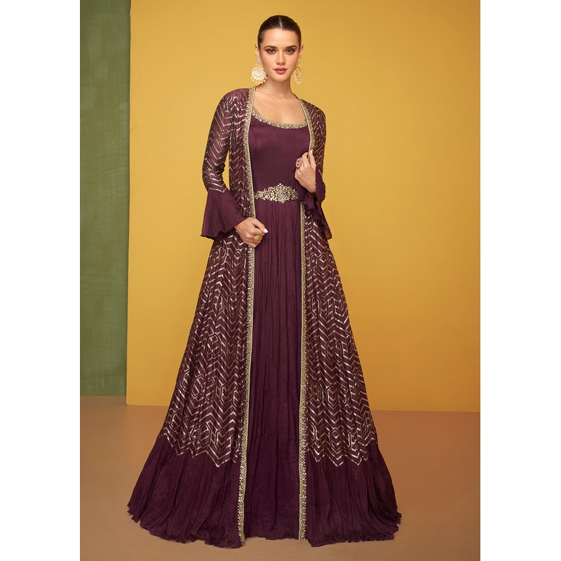 Tempting Wine Chinon Fabric Jacket Style Designer Anarkali Gown