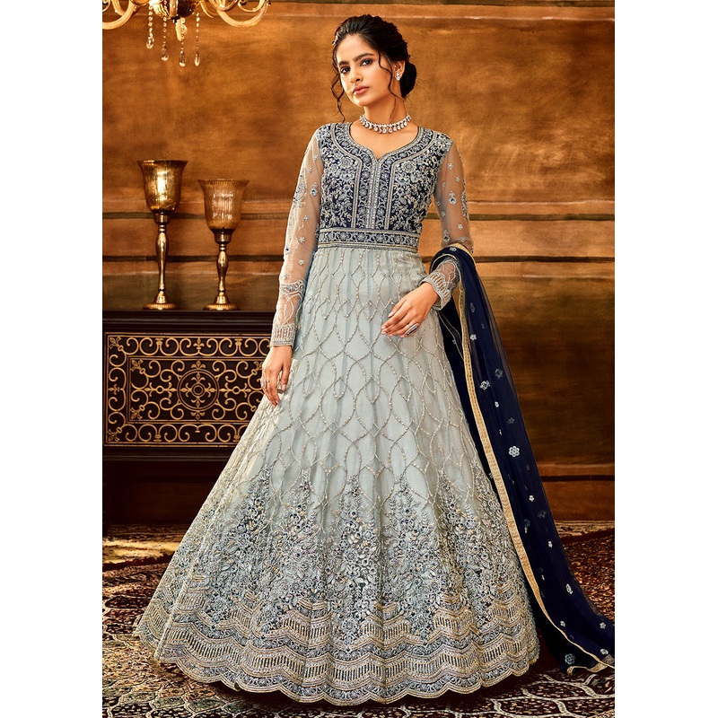 Trendy Grey & Navy Blue Embroidered Wedding Anarkali Gown