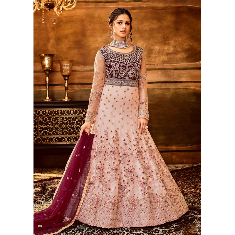 Trendy Light Pink & Wine Embroidered Wedding Anarkali Gown