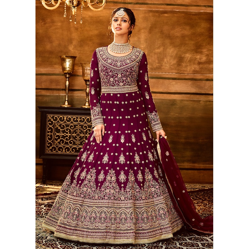 Trendy Magenta Maroon Embroidered Wedding Anarkali Gown