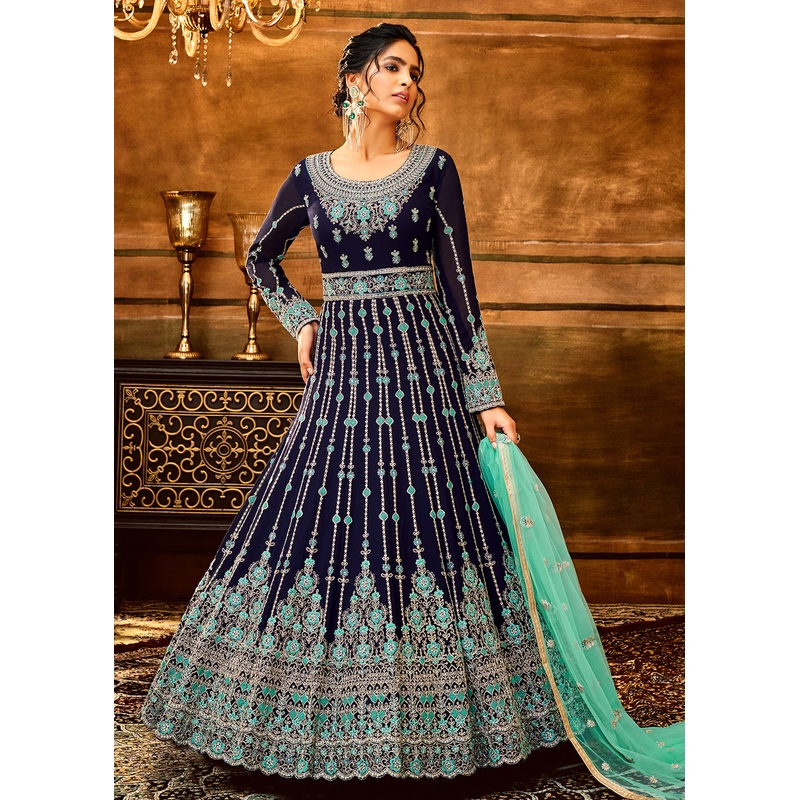 Trendy Navy Blue & Aqua Embroidered Wedding Anarkali Gown